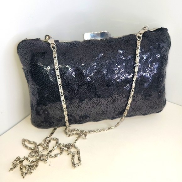 Sequin and Rhinestone Bling Clutch with Metal Chain Evening Bag - Picture 3 of 9